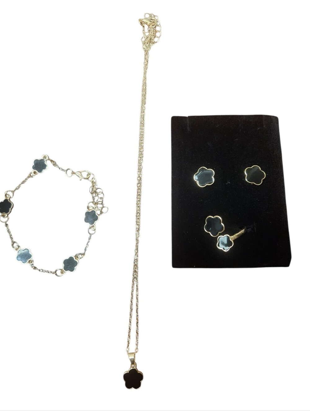 Gold Plated Over Stainless Steel Clover Onyx Necklace, Bracelet,Earrings & Ring - Picture 2 of 5